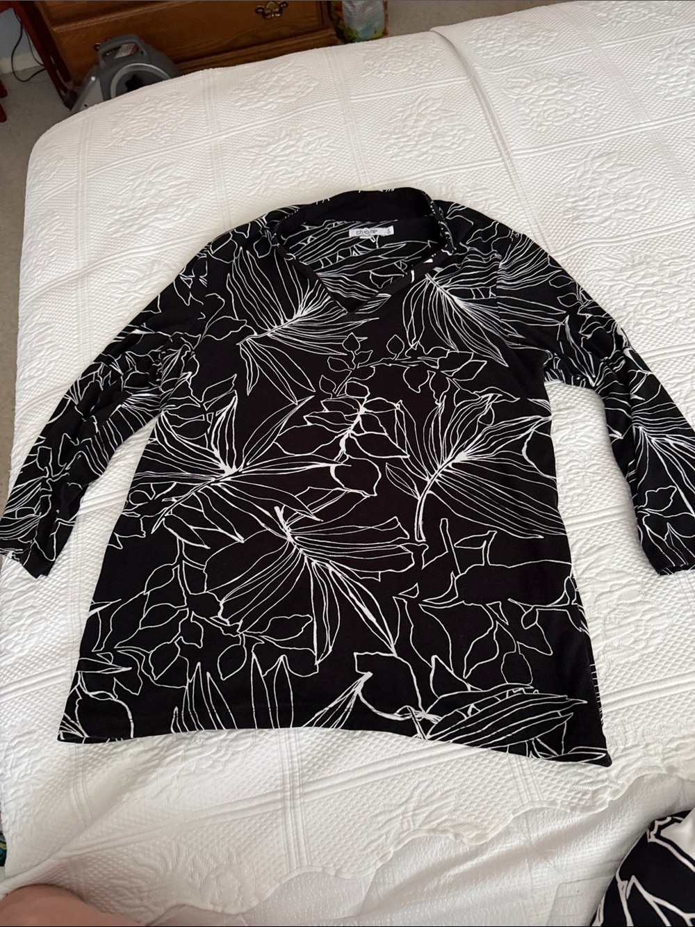 Chico's Black Top with White Botanical Outline
